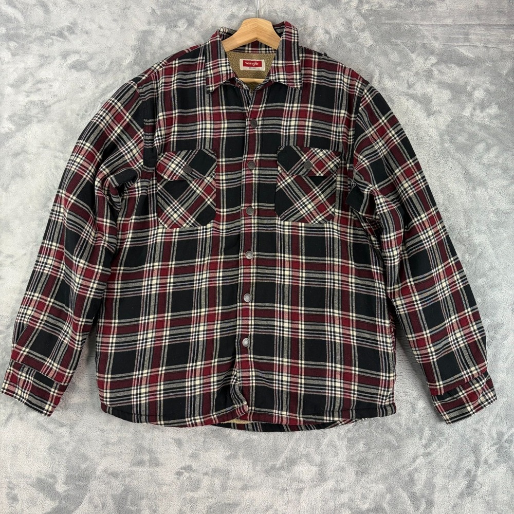 Wrangler Fleece Lined Red Plaid Long Sleeve Button Up Shirt Jacket Mens Medium